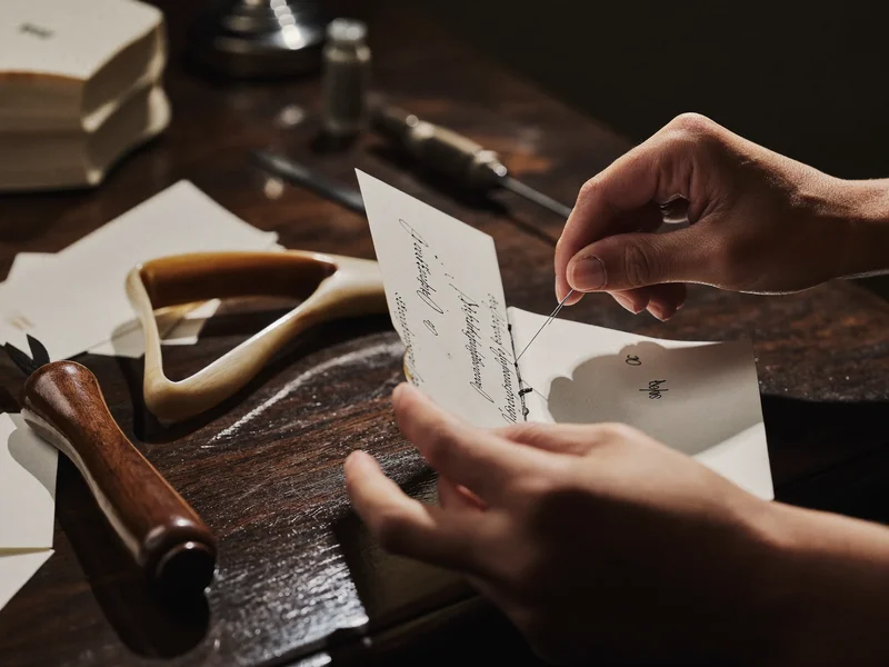 Mains cousant des cahiers de papier dans un atelier de reliure
